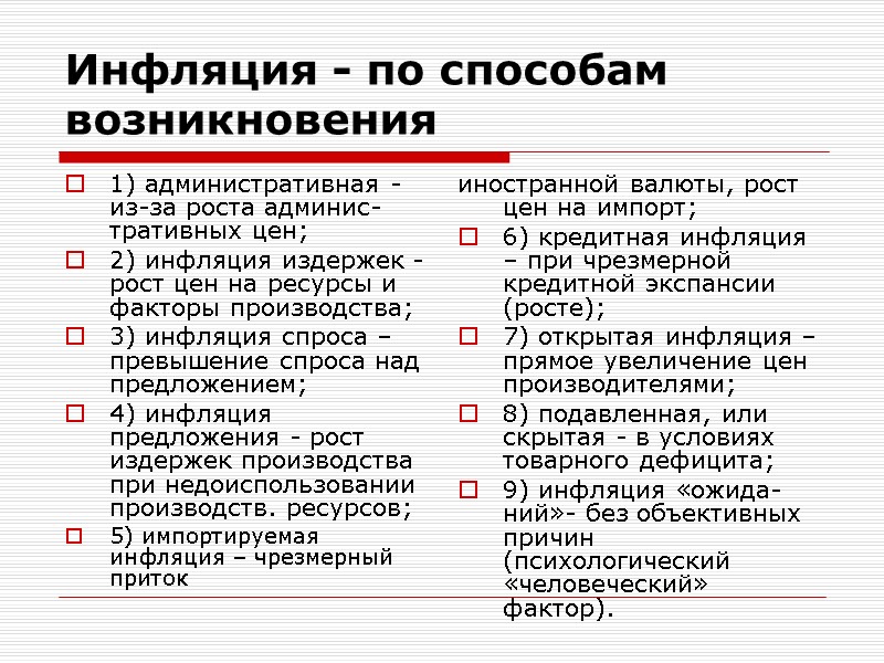 Инфляция - по способам возникновения 1) административная - из-за роста админис-тративных цен; 2) инфляция